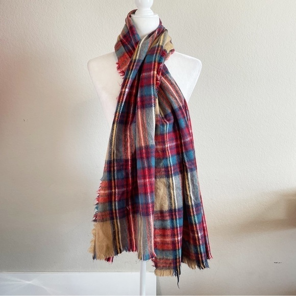 Tan Red Green Plaid Wrap Fringe Scarf - Picture 2 of 3